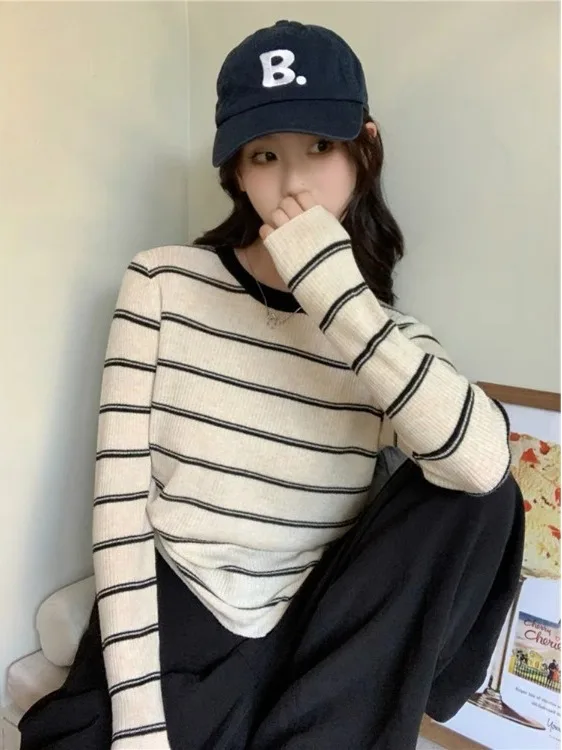 

Корейский цветной блуз, круглый полосатый трикотаж, весенне-осенний женский длинный повседневный топ Sve Base irt, облегающий повседневный топ