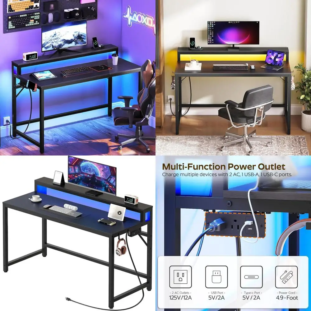 مكتب ألعاب بإضاءة LED مع قاعدة شحن وحامل شاشة، مكتب منزلي أسود بطبقتين مع 4 خطافات جانبية #1