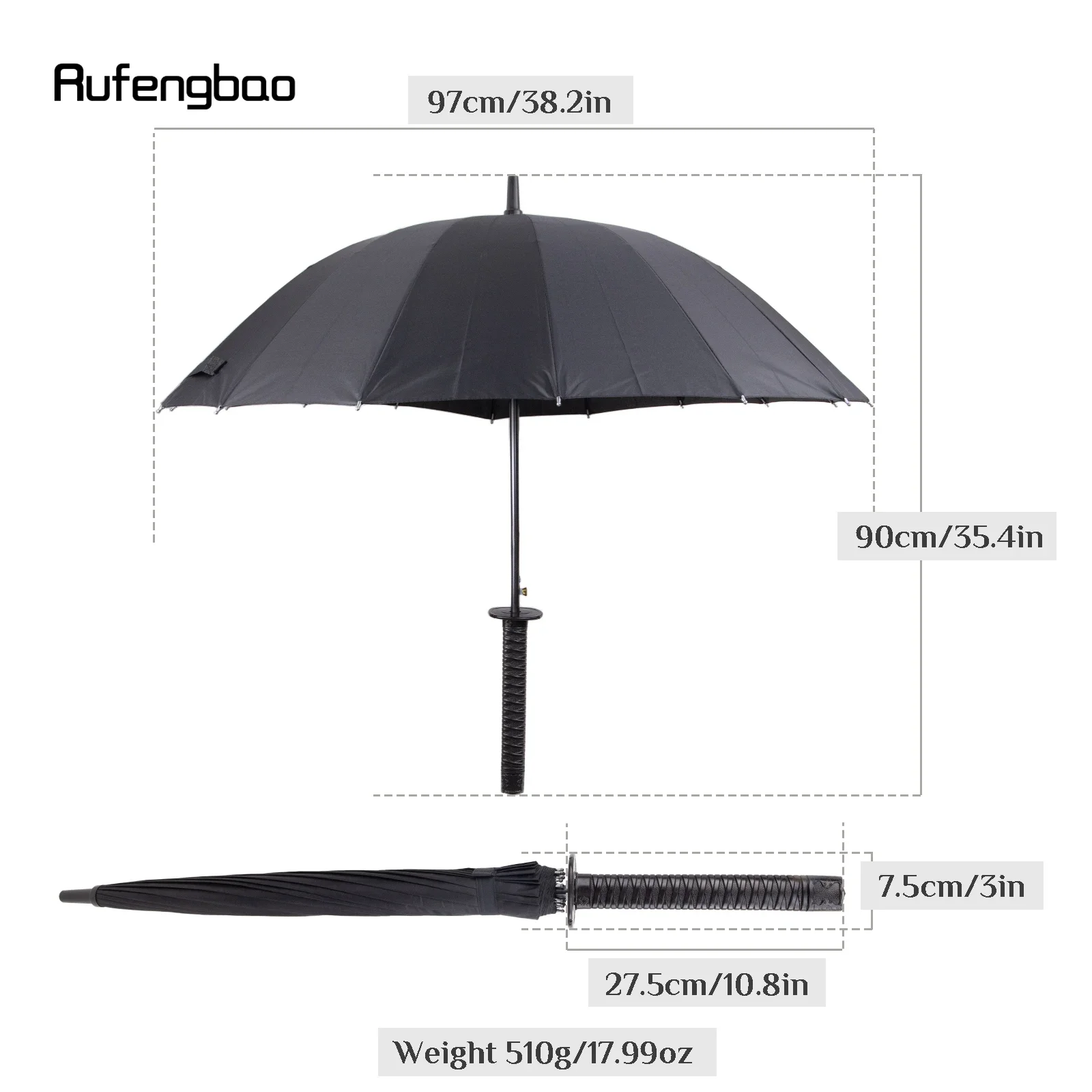 Black Samurai Automatic Windproof Umbrella, Wooden Handle 16 Bones Long Handle Enlarged Umbrella Both Sunny and Rainy Days 90cm