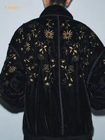 Solid Velvet Flora Embroidery Cotton Coat Women Fashion Full Sleeve Stand Collar Padded Jacket Lady Daily Commute Street Outwear