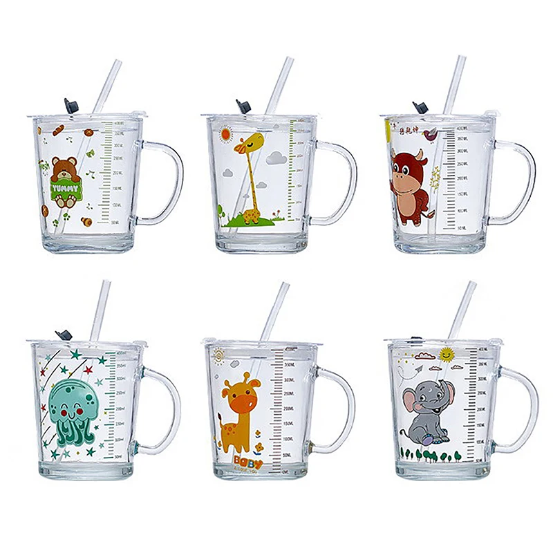 

400ml Cute Children Milk Cup With Scale Transparent Breakfast Cup With Straw Lid Cartoon Glass Cup For Kids Drinkware