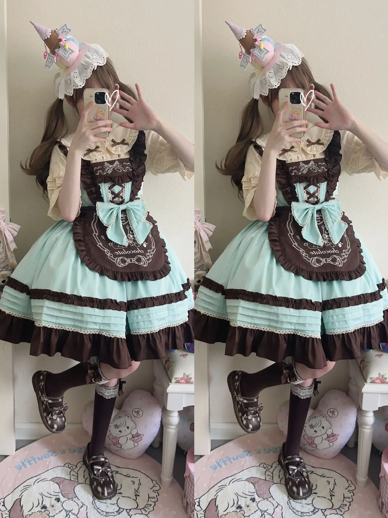 JSK-Robe à volants en dentelle pour femme, tenue douce japonaise Kawaii, chocolat menthe, nœud mignon, style Lolita, nouvelle collection, été