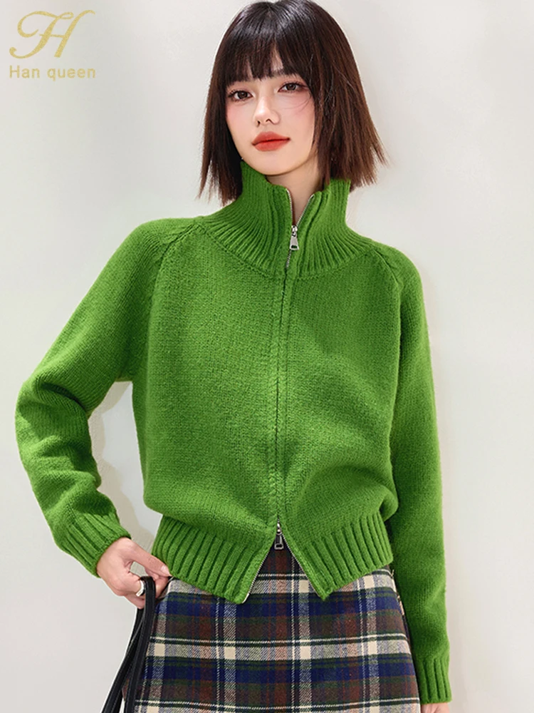 

H Han Queen, винтажный зеленый кардиган, свитер, осенний победитель на молнии, шикарный трикотаж с длинными рукавами, топы, базовые джемперы, женская одежда 2025