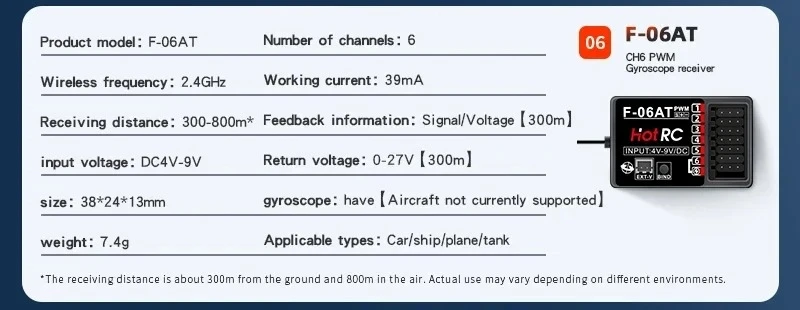 HOTRC F-06AT 2.4G Receiver 6CH with Gyroscope for Hotrc Transmitter