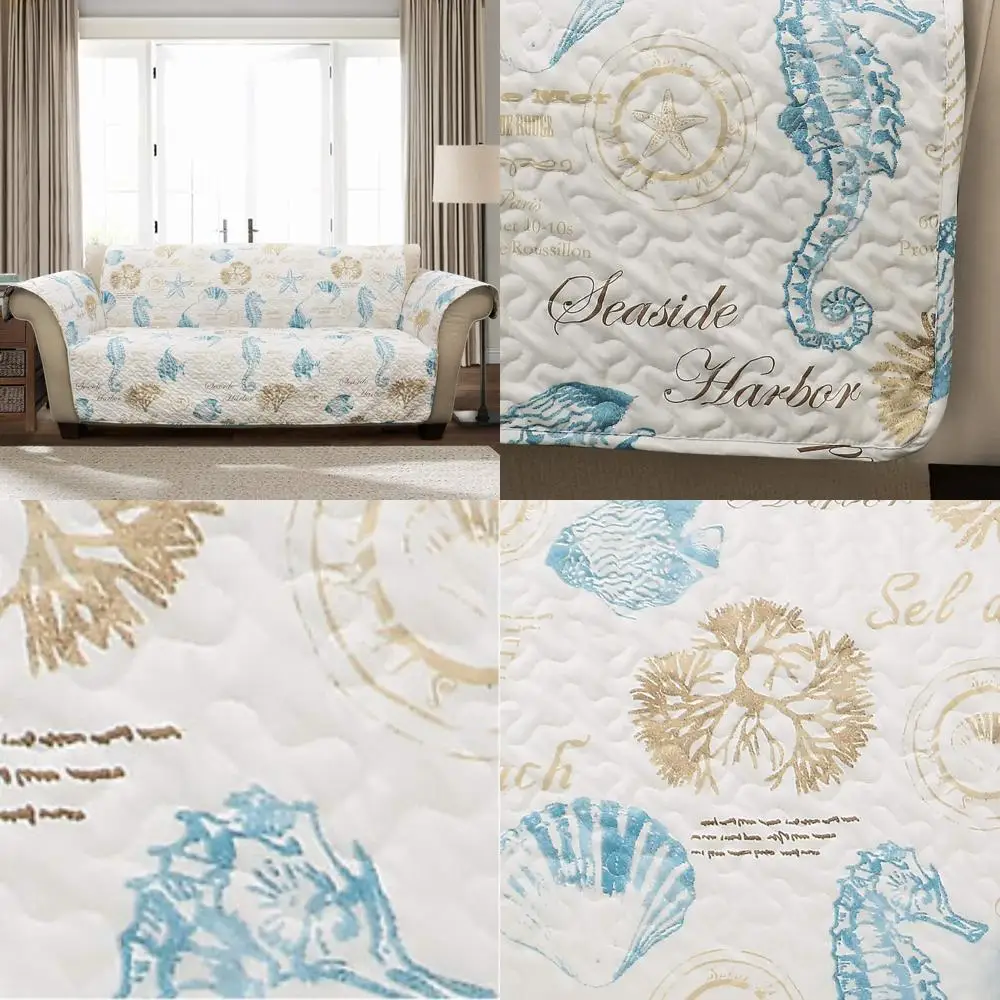 

lush decor harbor life furniture protector, couch cover, 116" w x 75" l, blue & taupe - quilted coastal couch cover - nautical f