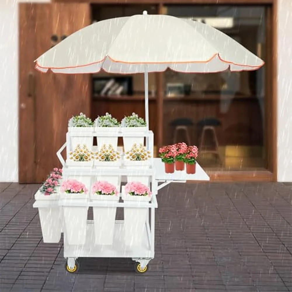 Bloom Bar Flower Cart with 18 Buckets & Umbrella 3 Layers Flower Cart Display Stand Outdoor Rolling Floral Stand for