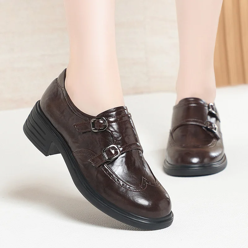 

Винтажные удобные лоферы из мягкой кожи с глубоким вырезом, на толстой платформе, весна 2026, женские туфли-броги с пряжкой, для офиса и повседневной носки