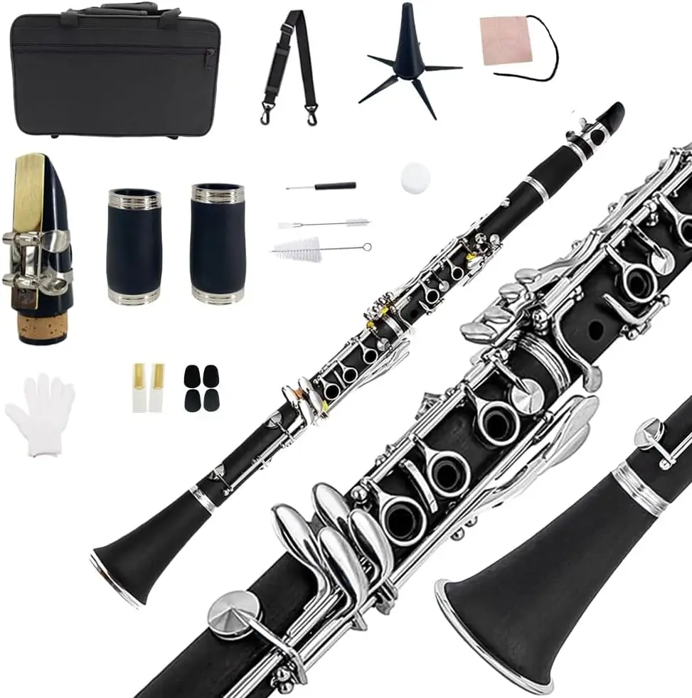 Beginner Bb Clarinet Kit with 17 Keys, Nickel-plated, Includes Hard Case, Cleaning Tools, and Accessories for Easy Start