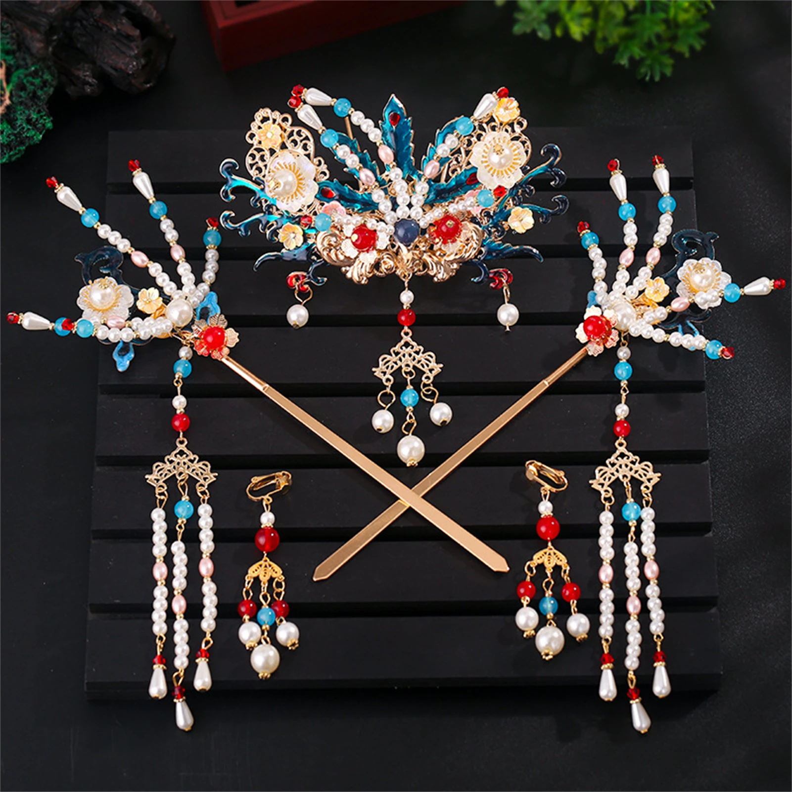 Vintage Wedding Hairpin Hair Stick Earrings Sets For Women Tassel Pearl Hair Clip Party Headdress Chinese Hanfu Hair Accessories