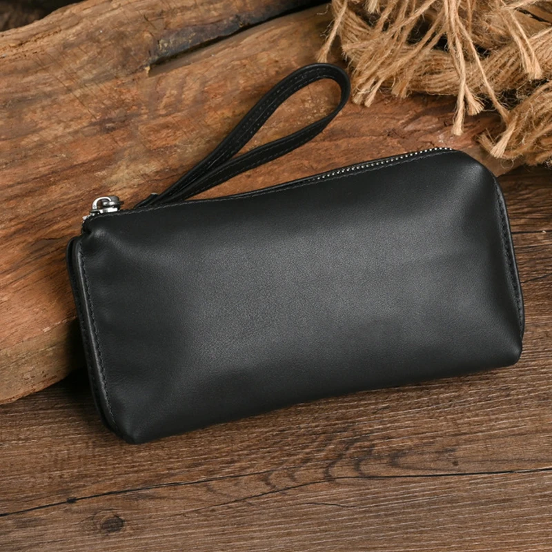 Bolso de mano de cuero genuino para hombre, cartera larga de piel de vaca suave, capa superior, monedero para teléfono móvil con correa para la muñeca