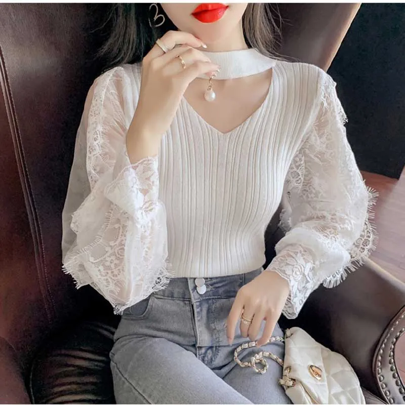 Sweet Hollow Out Princess Sleeve Beading Gauze Lace Blouses Female Clothing Spring Autumn Loose Korean Tops All-match Shirts