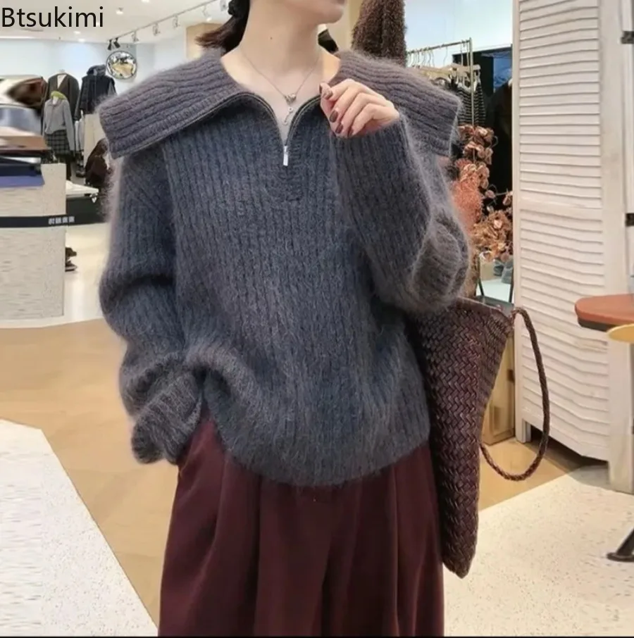 

Women's Half Zipper Knitted Sweaters Thick Loose Big Lapel Pullover Sweater Soft Camel Velvet Sweater Versatile Knitted Sweater