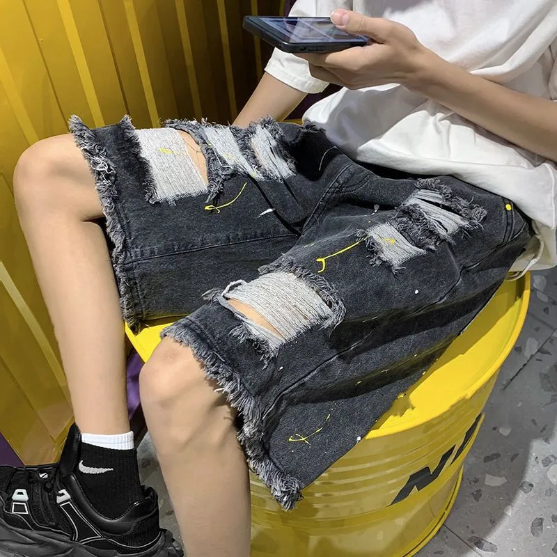 Hip Hop Ripped Denim Shorts Y2K Streetwear 2023 Men Vintage Destroyed Hole Baggy Jeans Pants Fashion Summer Loose Shorts Black