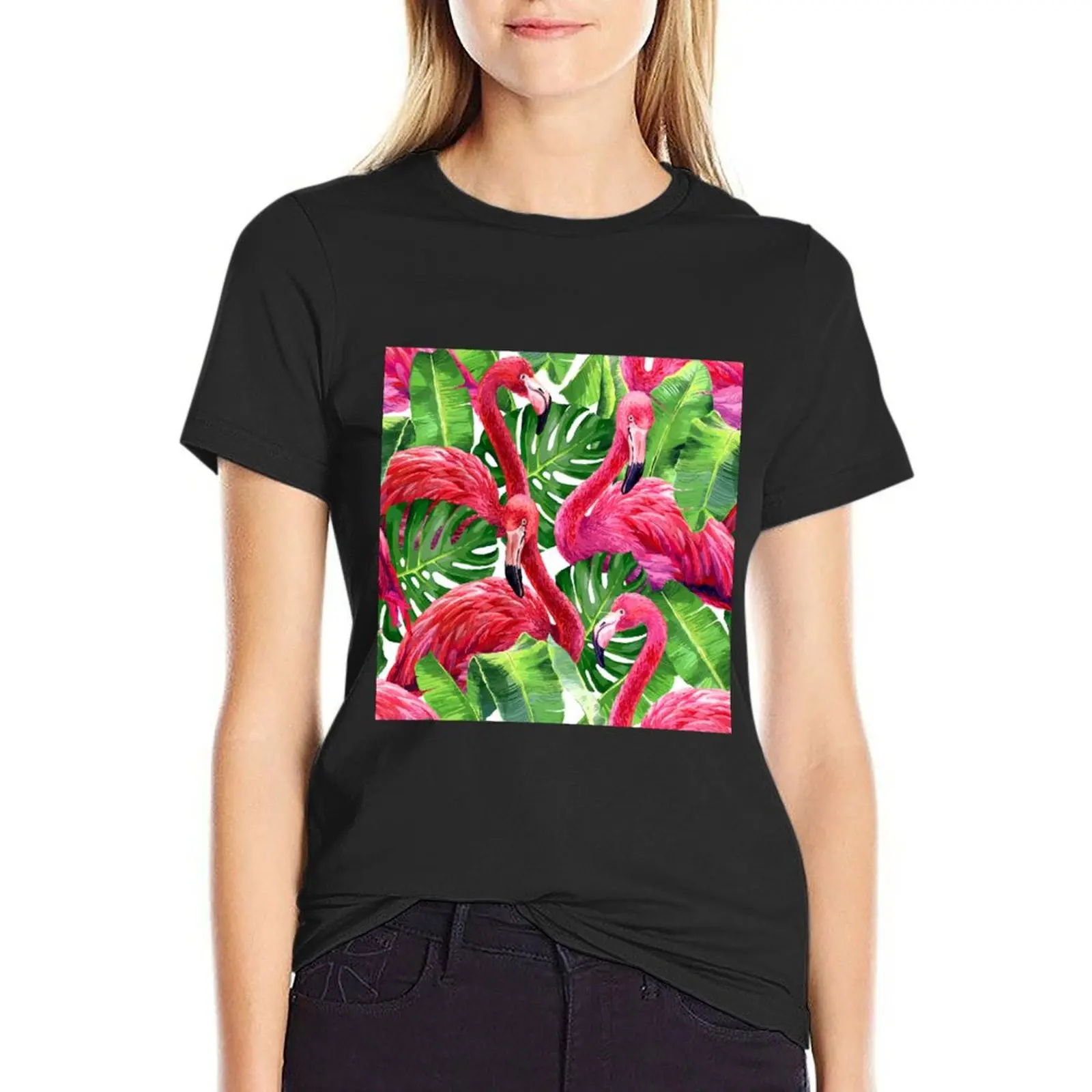 hot pink flamingoes tropical forest leaves T-Shirt summer tops anime clothes tees white t-shirt dress for Women sexy