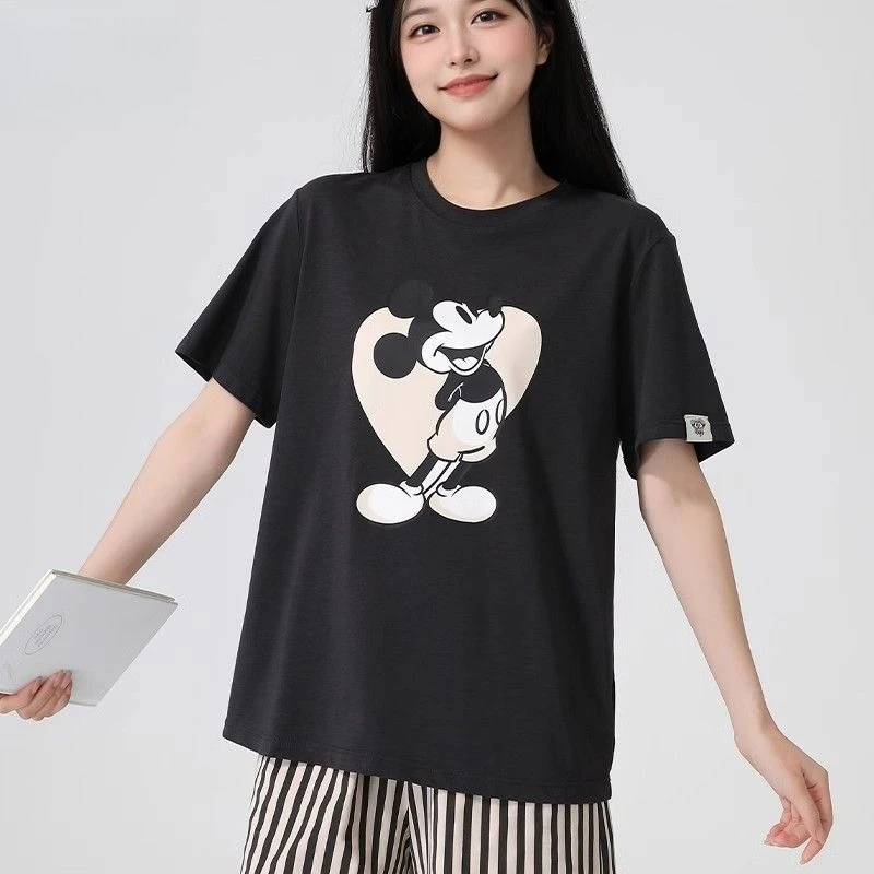 

Women's Black Mickey Print T-shirt 2026 Summer, Crew Neck Loose Fit, Cotton Short Sleeve Slimming Casual Soft Daily Wear Tops