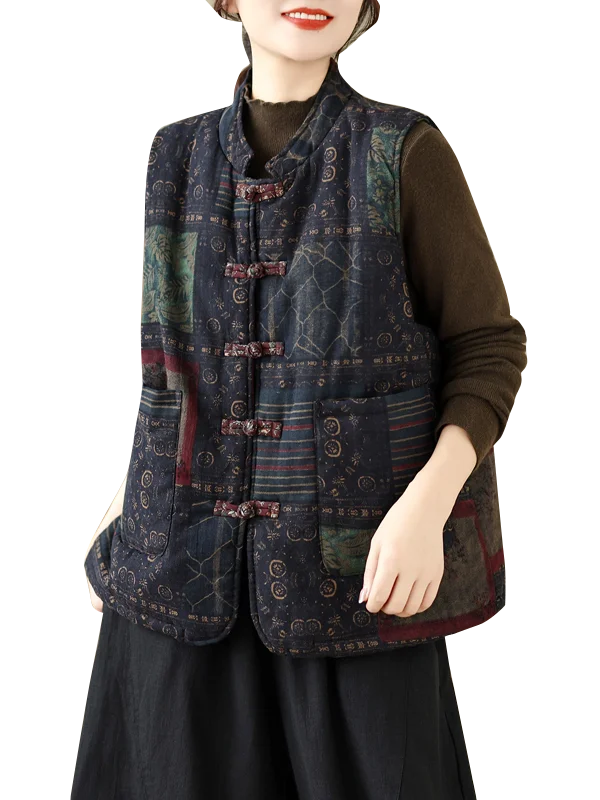 Retro Chinese Sle Women's Cotton Vest Warmth Printing Collar Jaet Autumn Winter New Sle Commute Thiened Stand Collar