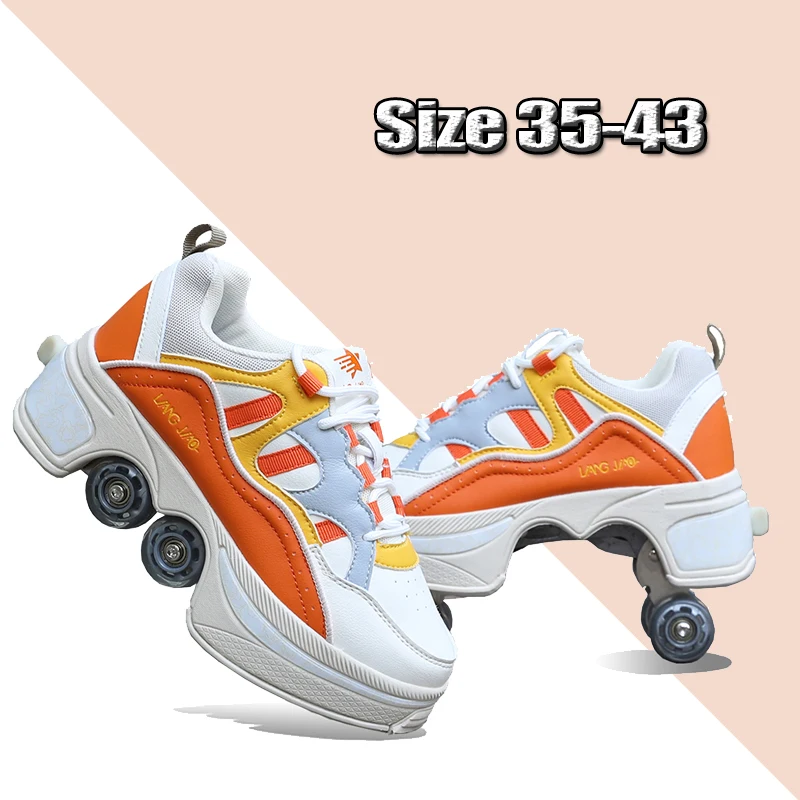 Size 35-43 Deformation Shoes 4 Wheels Skates Double-row Roller Sneakers For Women Men Outdoor Skating Runaway Deform Skate Shoes