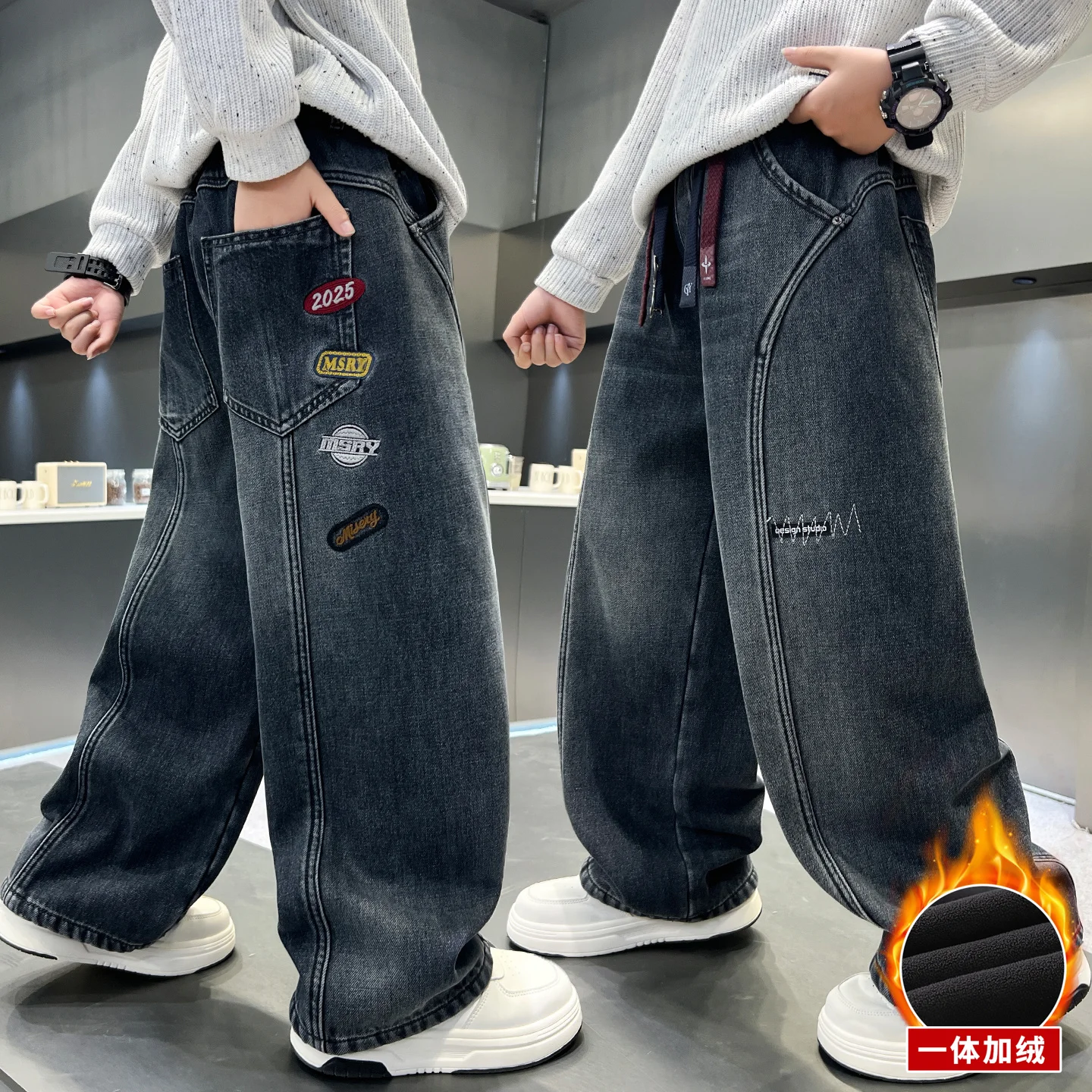 

ew Boys Denim Pants Insulated Elastic Wiast Trousers Children Jeans Loose Wide-leg Pants Teenager Casual Straight Trousers 4-14Y