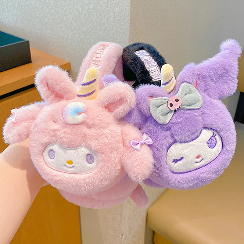 MINISO Sanrio Winter Keep Warm Earmuffs Unicorn Cinnamoroll My Melody Kuromi PomPomPurin Pochacoo Cute Plush Bike Equipment Girl