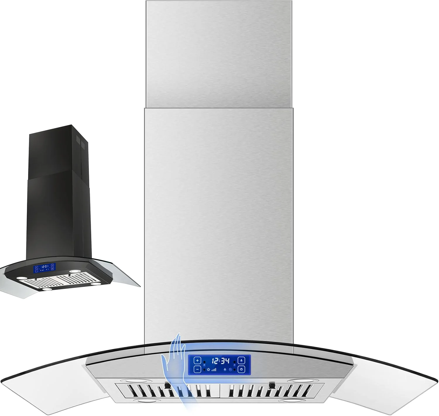 

Вытяжка Island Range 36 дюймов, 700 CFM, потолочная, для кухонной плиты, с воздуховодом, закаленным стеклом, 4 светодиодными лампами, управлением жестами/сенсорным управлением