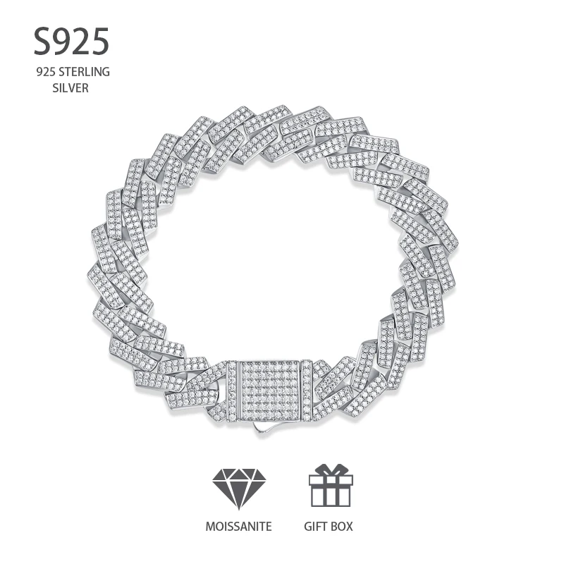 Bracelet gourmette cubaine de luxe en moissanite double rangée, style bling-bling, en argent S925, largeur 14 mm, longueurs multiples 17/19/21 cm, style punk, streetwear, cadeau pour hommes