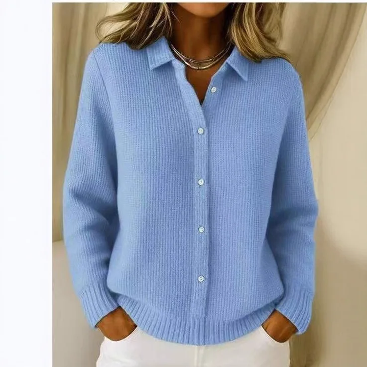 

2026 European And American Cross-Border Button Knitted Turn-Down Collar Sweater Cardigan Coat Autumn Winter New Solid Color