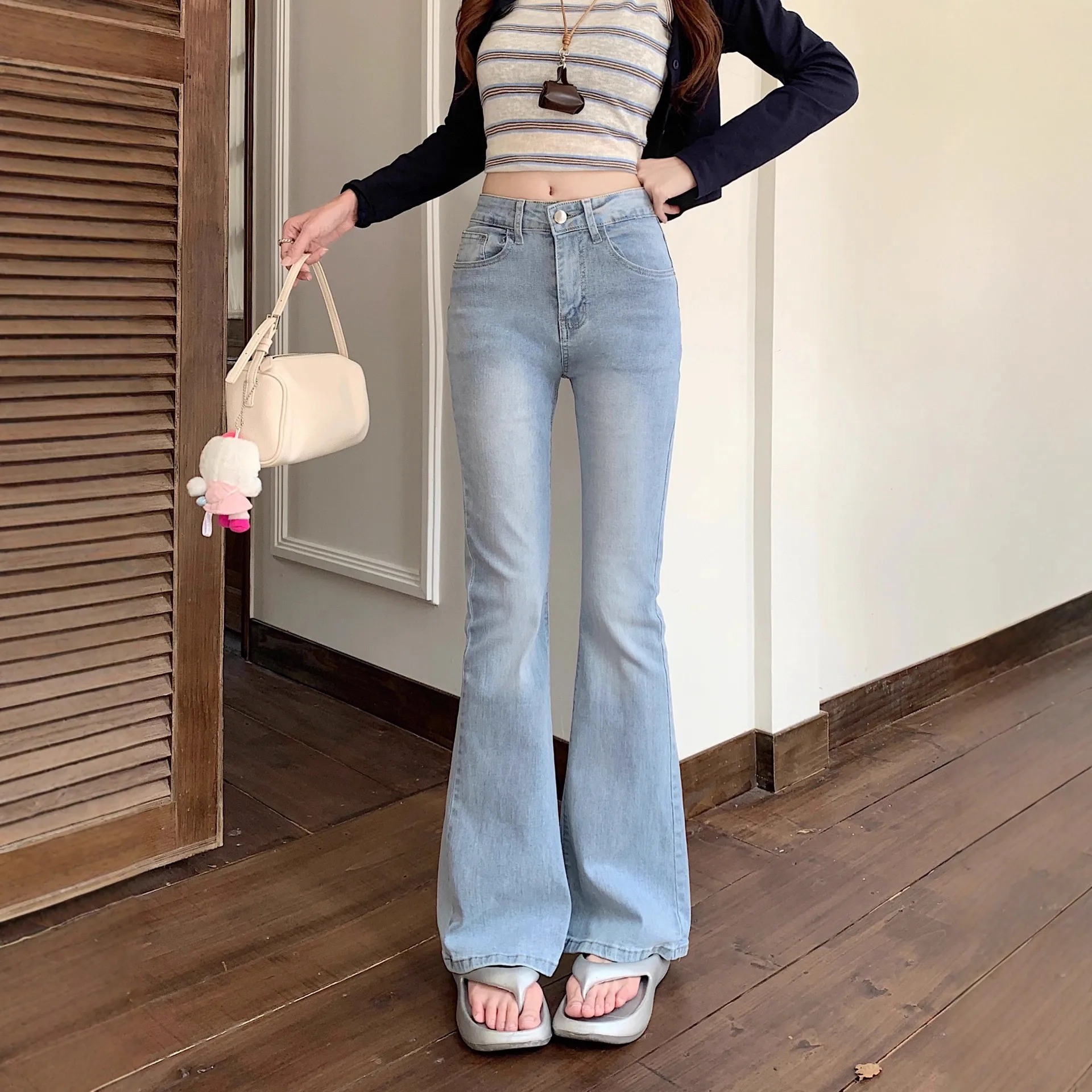 

Retro High Waist Bell Bottom Jeans Women's Design Korean Style Slim Fit Washed out Long Pants Casual Denim Casual Jeans
