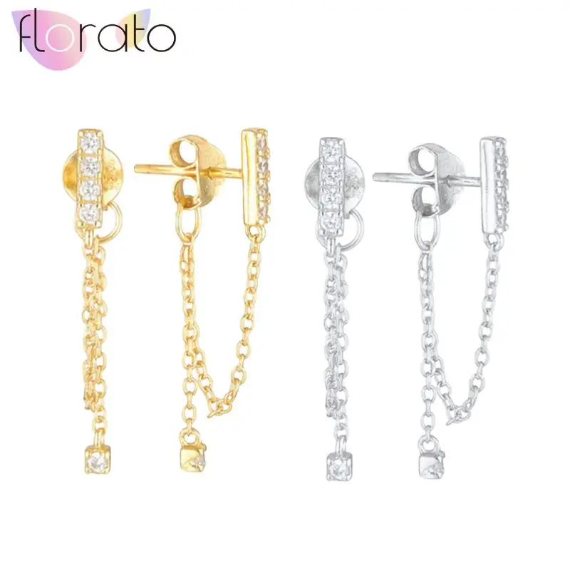 

925 Sterling Silver Needle Advanced Geometric Design Straight Zircon Chain Stud Earrings Pendant Women's Wedding Jewelry Gifts