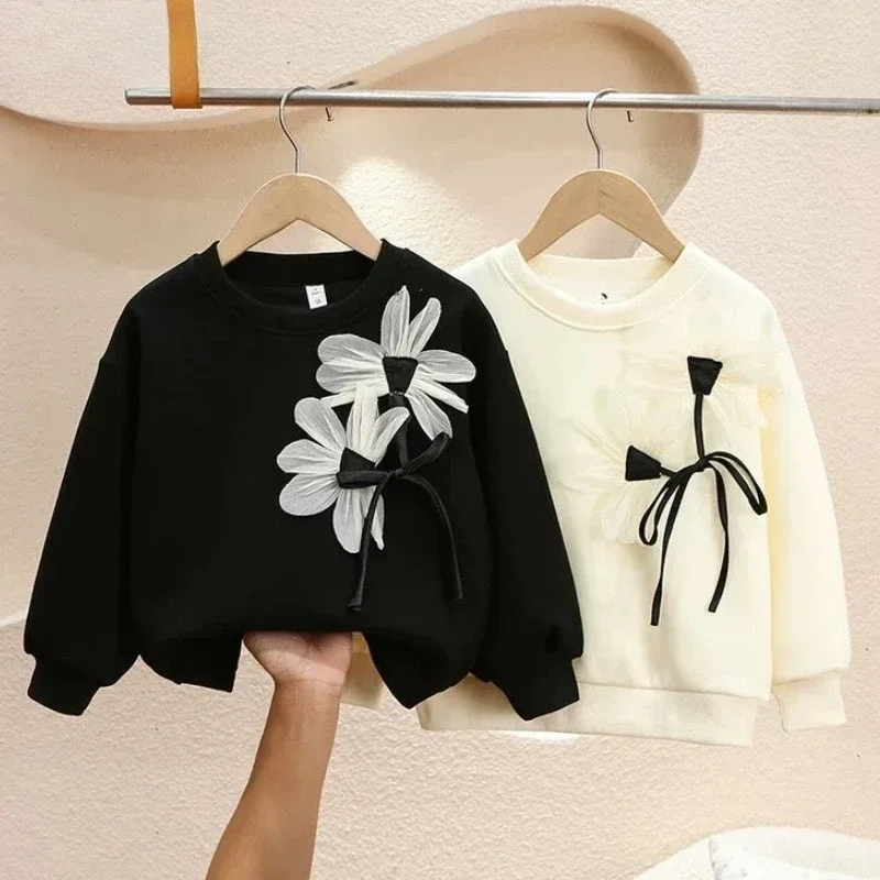 2024 Kids Sweatshirt Infant Toddler Hoodie Baby Girl Princess Lace Flower Cotton White Black Baby Clothes Autumn Children Top