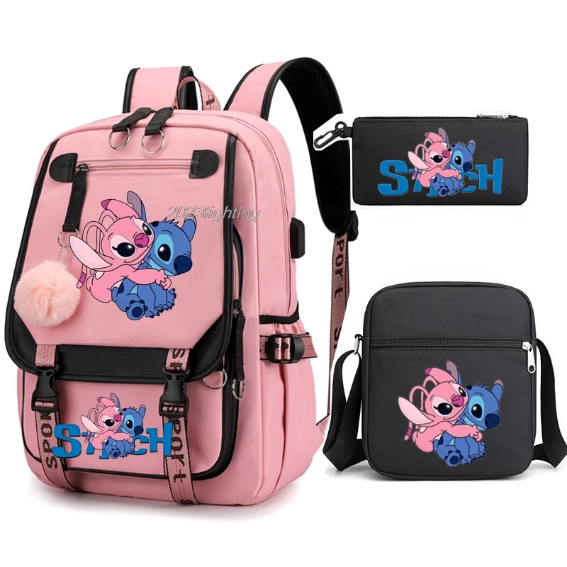 Loli Stitch Backpacks USB 3PCS Large Shoulder Bag Travel Backpack Patchwork Laptop Student School Bags Bagpack Mochila