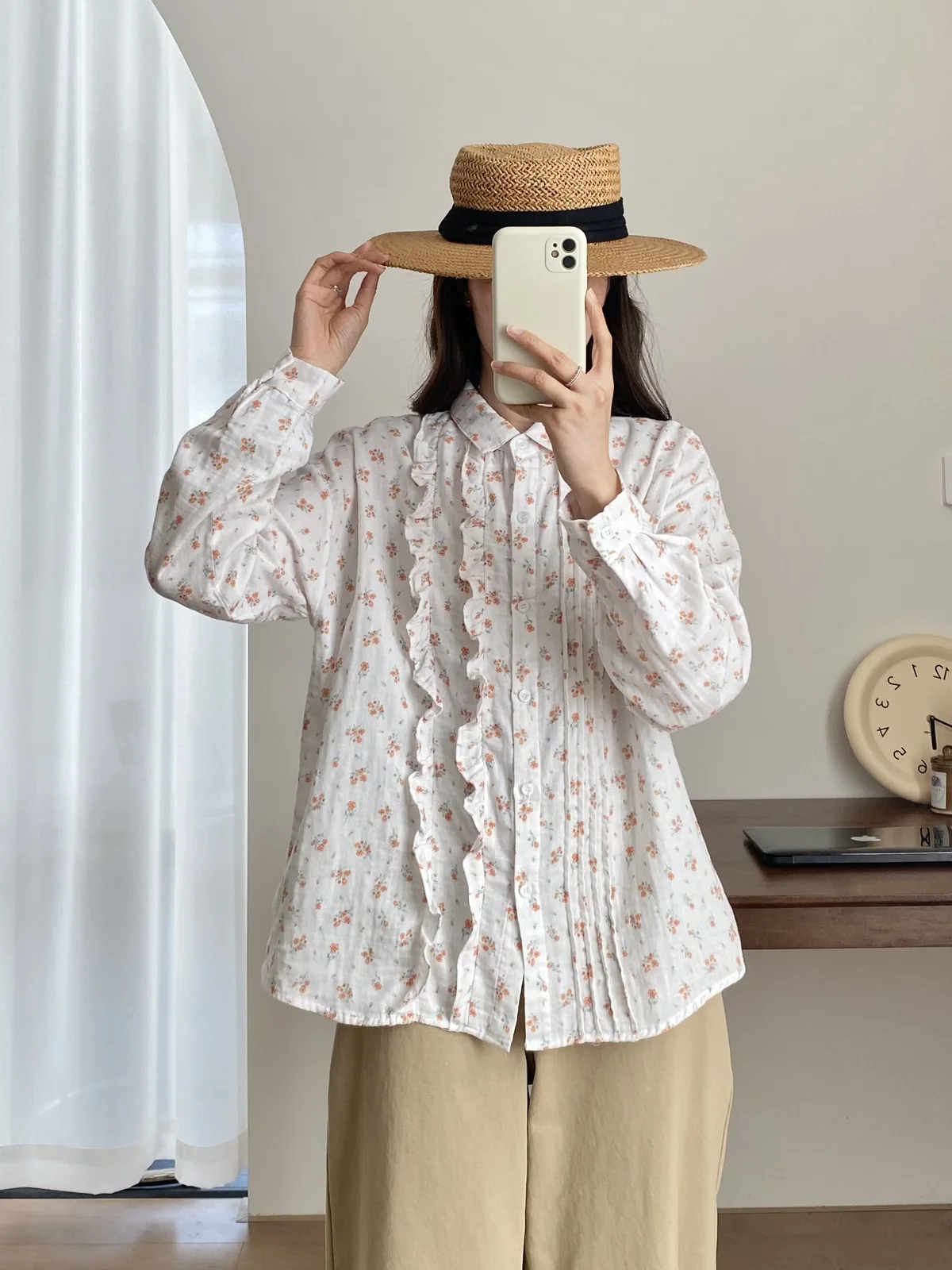 New Autumn Cotton Shirt Women Lapel Floral Print Folds Top Girl Long Sleeve Loose Sweet Casual Blouse Retro 2024 Spring T41815QM