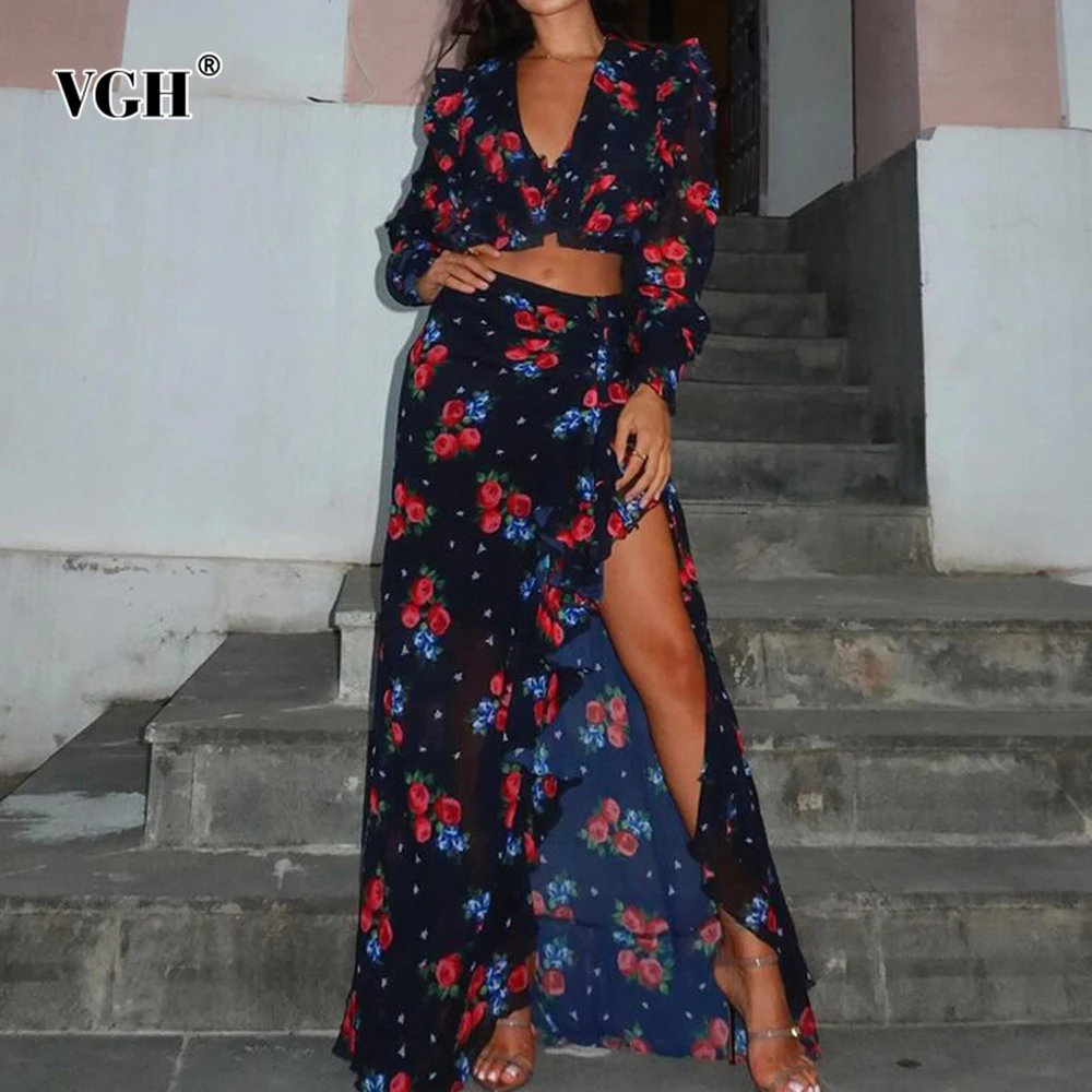 

VGH Elegant Vintage Print Slimming Two Piece Sets For Women V Neck Long Sleeve Top High Waist Irregular Long Skirt Female New