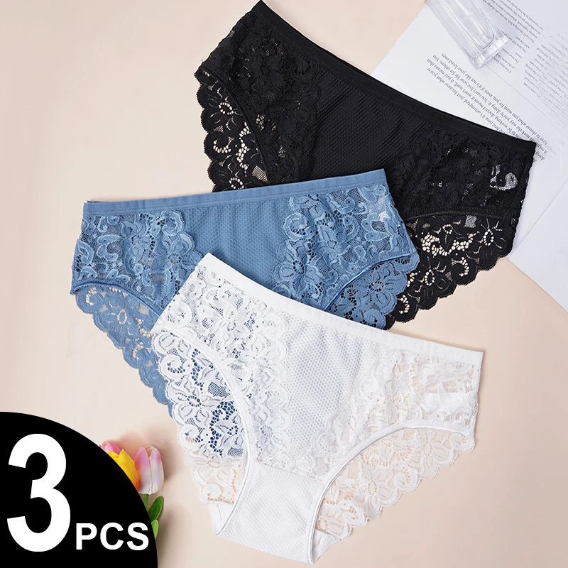 3PCS/Set Mesh Lace Patchwork Panties Semi-Sheer Sexy Women Floral Briefs Simple Style Comfortable Br
