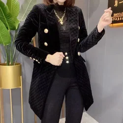 New long quilted coat velvet cotton jacket suit collar women double breasted button