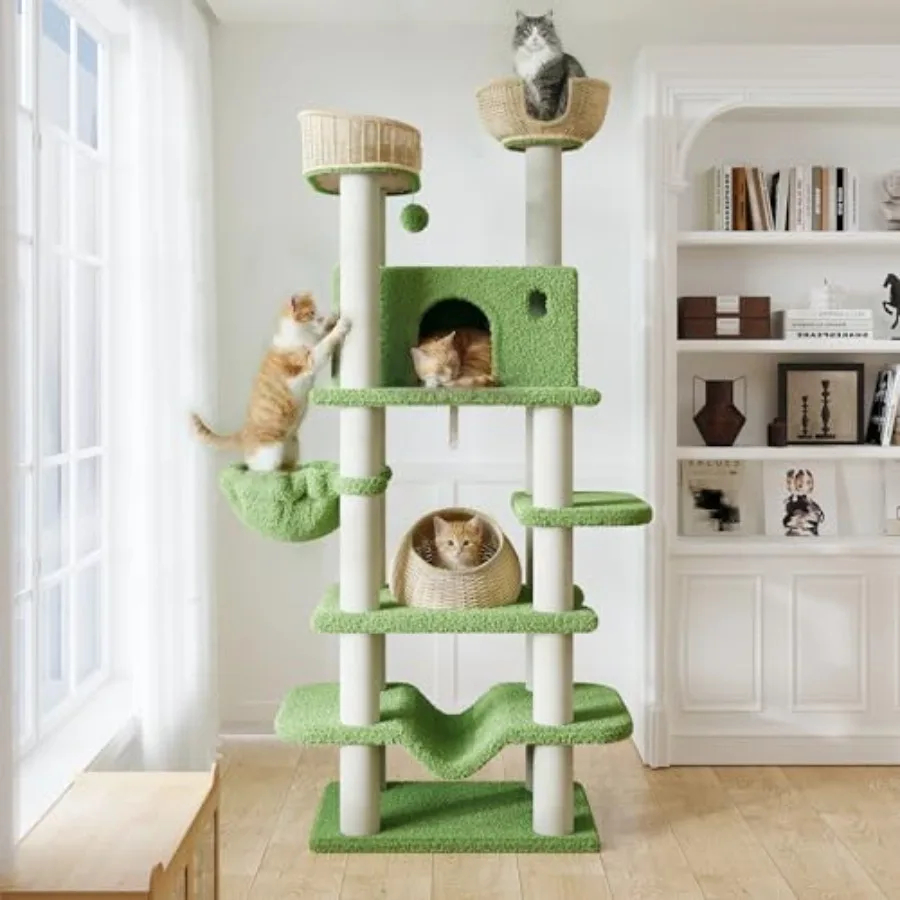 82 Handmade Rattan Cat Tree Tower Multi-Level Activity Center with Sisal Scratching Posts Plush Condo Wicker Perches Hammock La