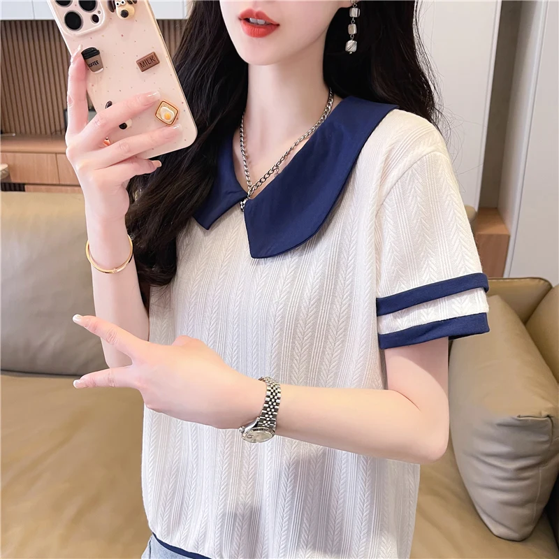 

Summer Women's Clothing Short Sleeve Screw Thread Pullover Paisley Solid Turn-down Collar Casual T-shirt Office Lady Tops