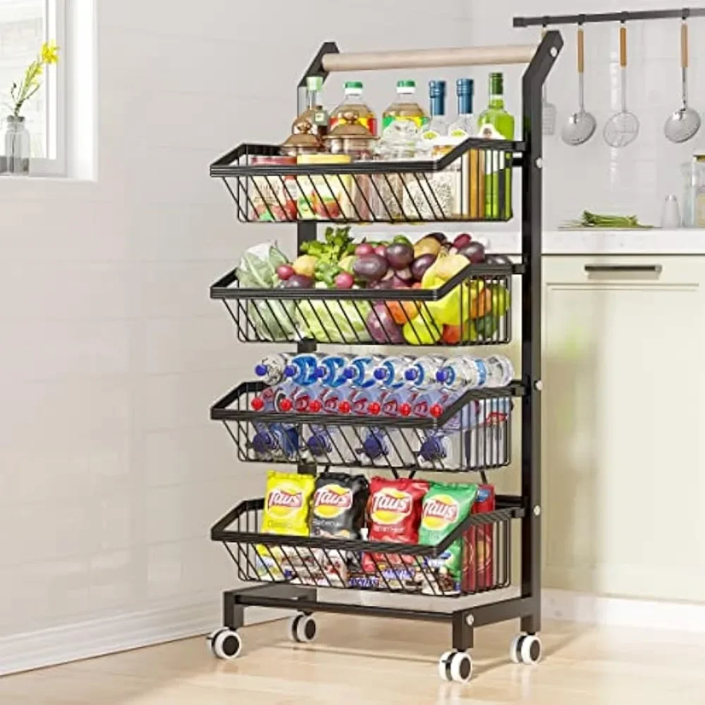 

COVAODQ Fruit Basket 4-Tier Adjustable Fruit Vegetable Basket Cart Metal Wire Storage Cart Rolling Pantry Utility Kitchen Cart