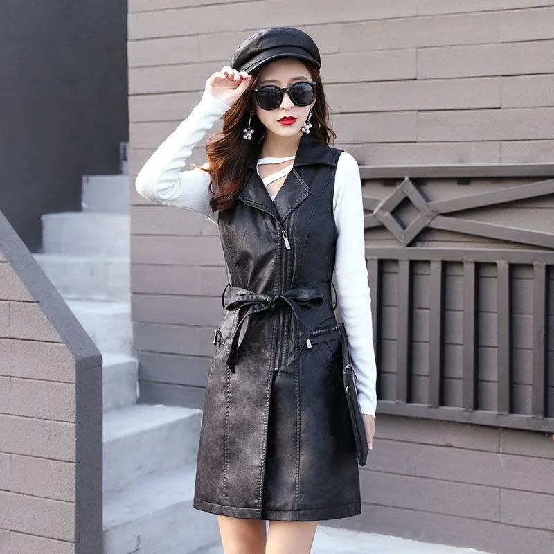 Autumn Winter Leather Vest Women Mid-length Slim Add Cotton Washing Pu Leather WaistcoatLeather Windbreaker Coat Match Belt