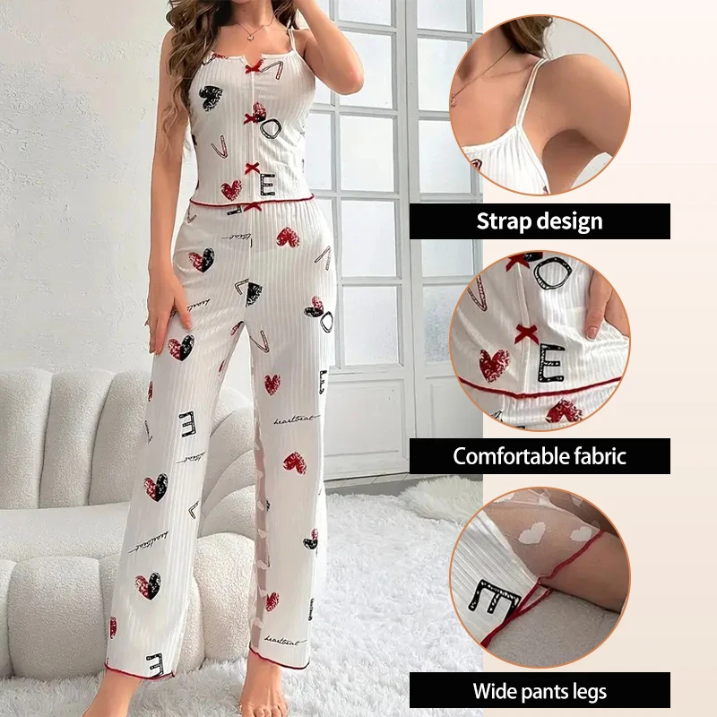 Women\'s Sexy Two-Piece Pajama Set Printed Lace Patchwork V-Neck Strap Top with Back Lace Detail Comfortable Sleepwear