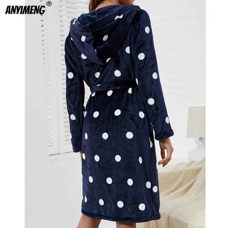 Winter Women Sleepwear Fluffy Soft Flannel Bathrobe for Woman Polka Dots Thermal Robes for Lady Casual Clouds Grey Robe for Girl