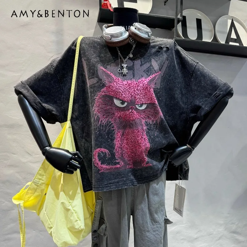 

American Style 2025 Spring And Summer Retro College Fun Cartoon Cat Short Sleeves T-shirt Women's Loose Oversized Y2k O-neck Top