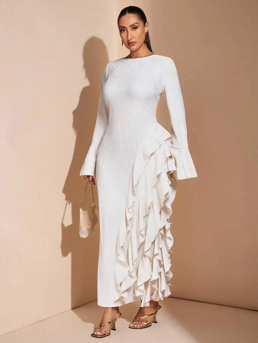 

White Ribbed Long Sleeve Ruffle Hem Dress For Women Elegant Formal Occasion