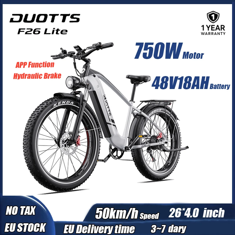 Vélo électrique de montagne pour adultes DUOTTS F26 Lite, moteur 500W, batterie lithium amovible 48V18AH, connexion APP, freins hydrauliques, vitesse maximale 50 km/h, pneus 26*4.0 pouces, écran LED Bluetooth 3,2 pouces, passage de vitesses fluide 1-7 vitesses, tout-terrain, porte-bagages arrière pour les trajets en ville