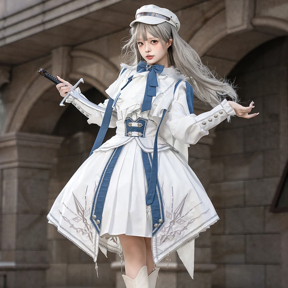 Original Design Lolita Dress Women's High Waist Slim Cosplay Costume Bow Irregular Long Sleeve Shirt and Skirt Set Two-piece Set