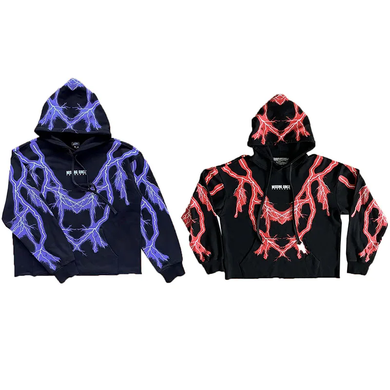 

Purple Thunder Hoodie Reflective Lightning Print Sweatirt Straight Cut Youth Faion Casual Autumn Wear for Young Men