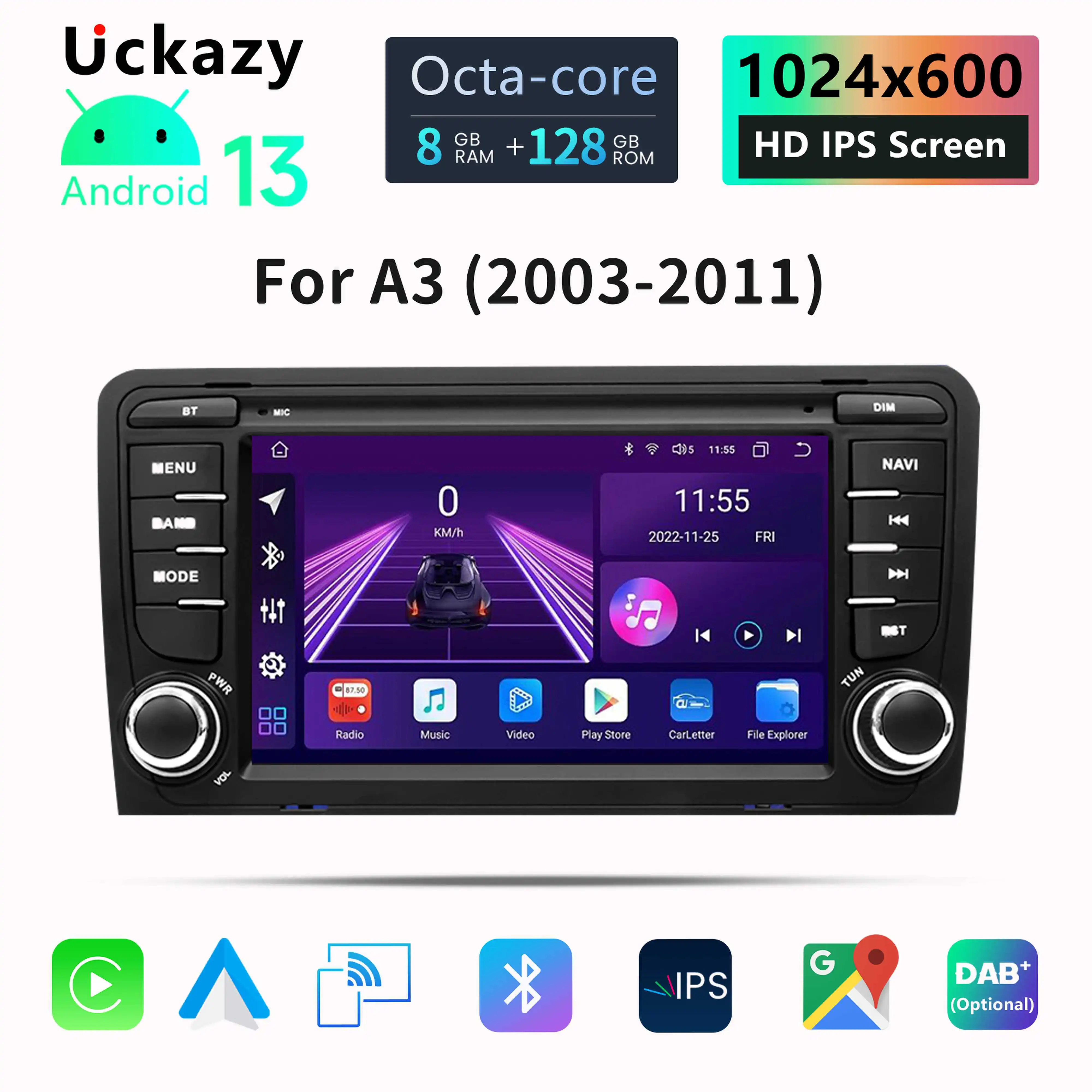 Uckazy 8GB 2 din Android 13 Car Multimedia Player For Audi A3 8P S3 2003-2012 RS3 Sportback CarPlay Radio Navigation GPS Stereo Head unit Audio Wifi