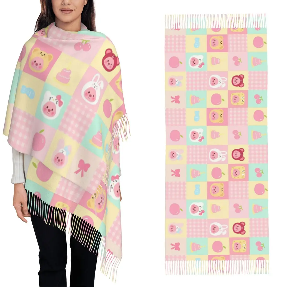 Womens Scarf with Tassel Zanmang Loopy Check Cartoon Large Winter Fall Shawl and Wrap Cute Kawaii Gifts Pashmina Scarves