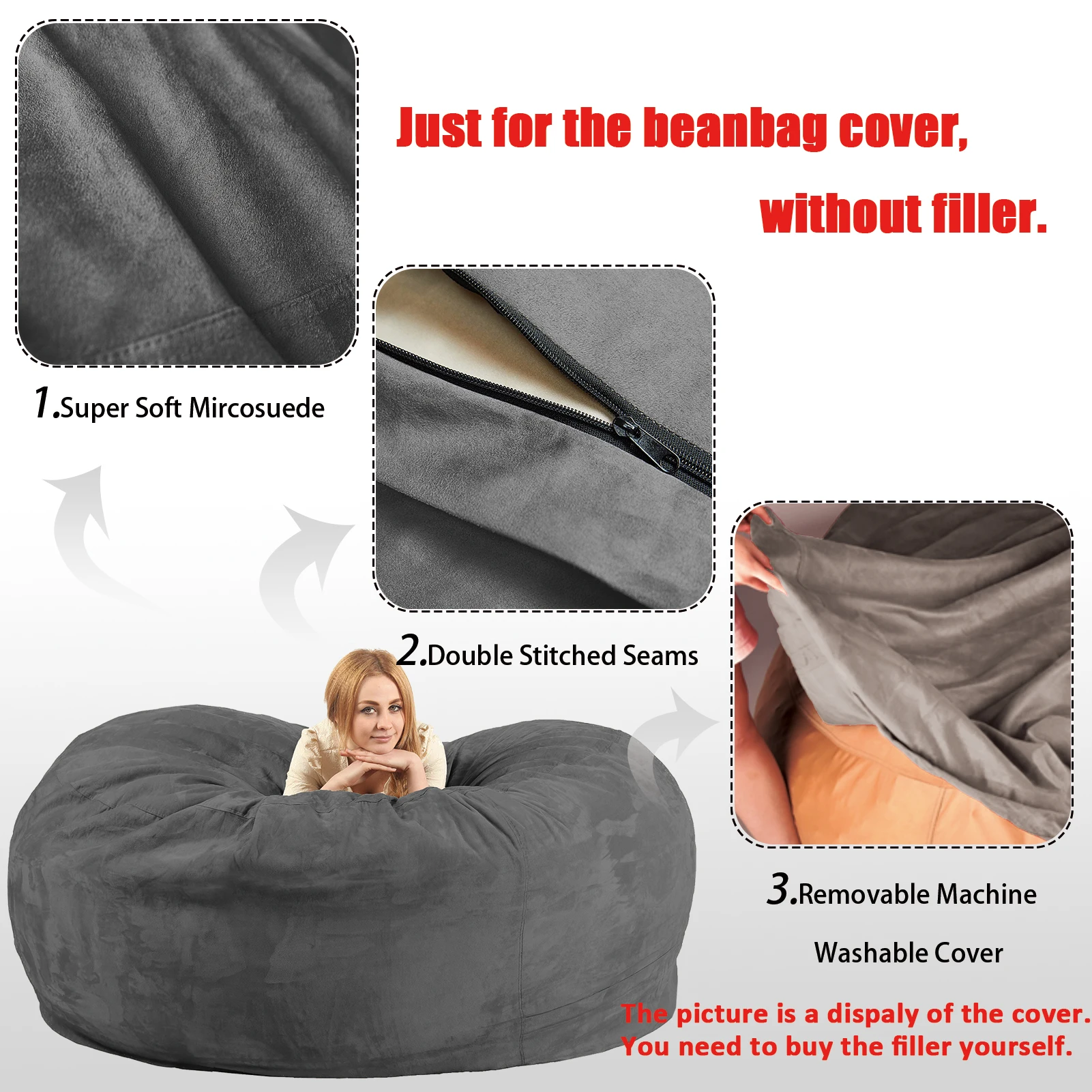 Luxurious Giant 7ft Bean Bag Chair with Microsuede Cover - Ultra Soft, No Filling, Washable Large Bean Bag Sofa for Adult