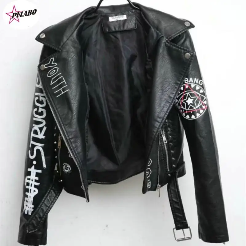 PULABO y2k Women Autumn Winter Faux Soft Leather Jackets Coats Lady Black PU Rivet Zipper Epaulet 3D Print Motorcycle Streetwear