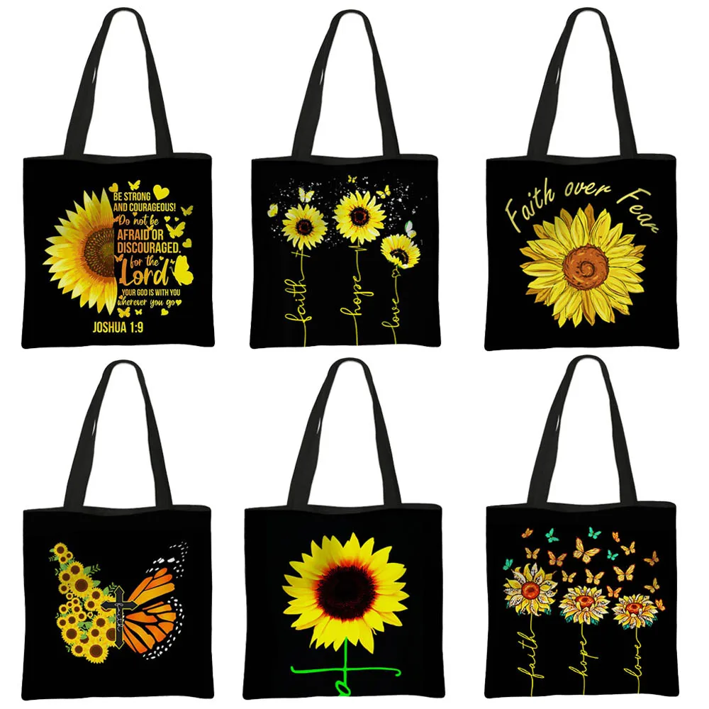 Sunflower Faith Hope Love Shopping Bag Woman Butterfly Pattern Tote Bags Large Capacity Handbag Eco Reusable Shoulder Bags Gift